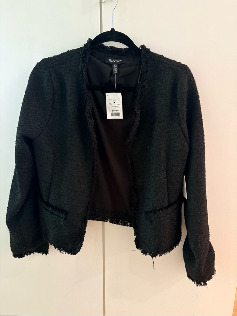 Ellen Tracy Black Fringed Open-Front Tweed Blazer